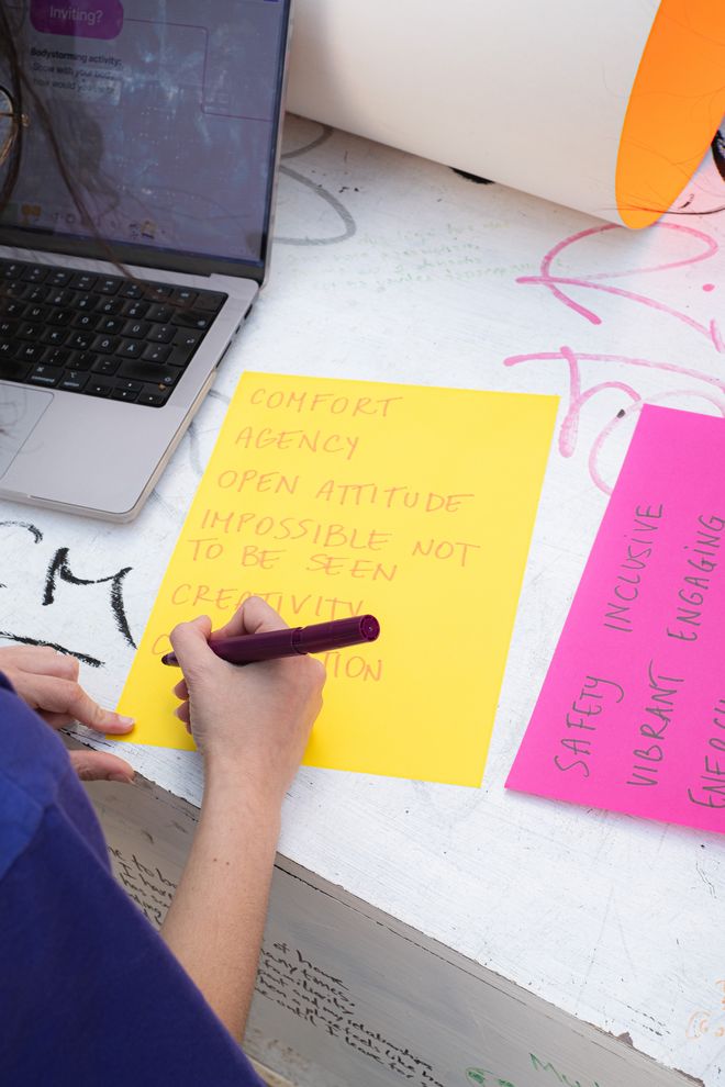 Projekt »Inviting Environments«, Foto: Julian Linden eine Person schreibt Worte auf ein buntes Blatt Papier