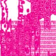 Grafik: Lara Mieke Traub und Lili Metz Grafisches Plakat in leuchtendem Pink mit übereinandergelegten, verzerrten Schriftzügen und abstrahierten Figurenformen vor einem unscharfen typografischen Hintergrund.