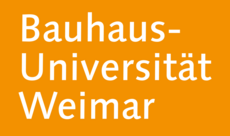 Das Schriftlogo zeigt die Worte »Bauhaus-Universität Weimar« in weißer Schrift auf orangefarbenem Hintergrund.