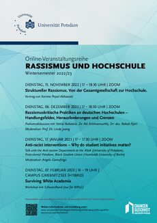 Das Plakat zeigt das Programm der Online-Veranstaltungsreihe »Rassismus und Hochschule« .