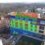 Aerial view of the Main Building: The colorizations (thermographs) provide energy information on the condition of the building facade. (Photo: Bauhaus University Weimar, Norman Hallermann)