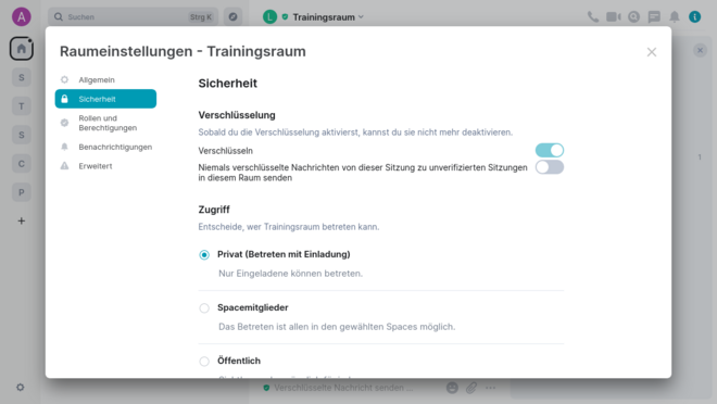 Screenshot des Dialogfeldes Raumeinstellungen zu Sicherheit und Datenschutz. Die Verschlüsselung, Zugänge und Zugriffe können mit Schalterflächen aktiviert und deaktiviert werden.