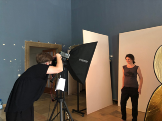 Dr. Miriam Benteler poses for photographer Larissa Barth for the multimedia project walter ≠ bauhaus in Barth's atelier in the Altes Funkhaus.