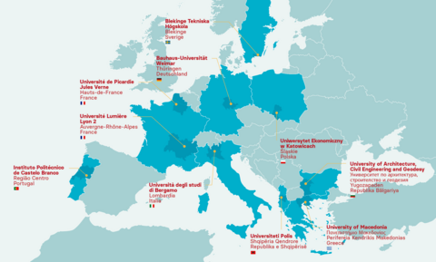 EU’s »ERASMUS + European Universities« initiative Europakarte mit den eingezeichneten Standorten der Partnerhochschulen