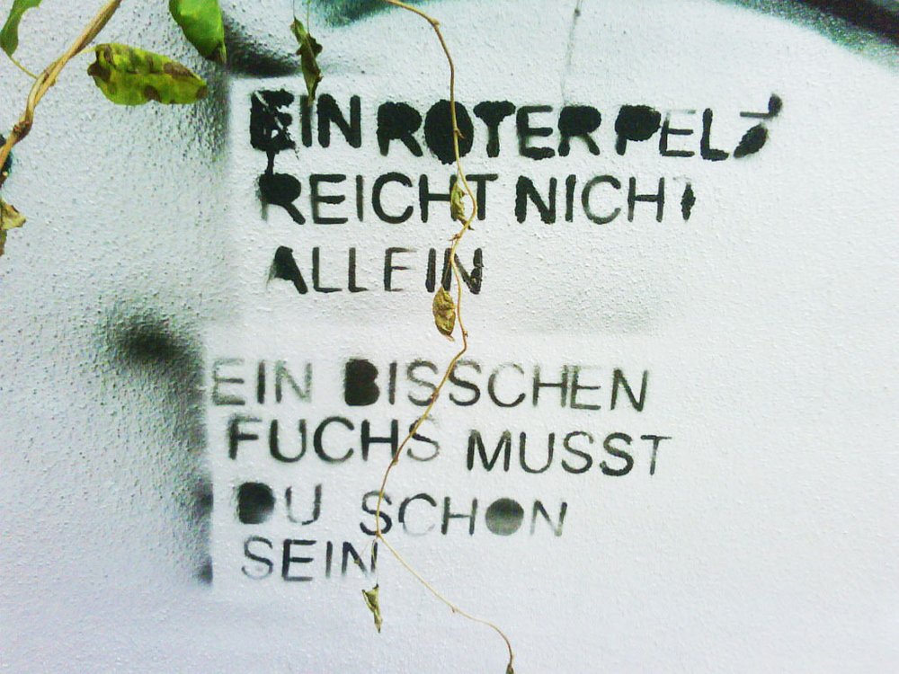 Hin.Gucker # 11: Haußknechtstraße; Gesprühter Stencil: »Ein roter Pelz reicht nicht allen, ein bißchen Fuchs musst du schon sein«