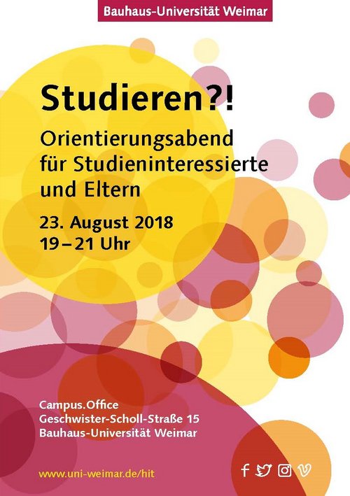 Am Donnerstag, den 23. August 2018, von 19 bis 21 Uhr, lädt die Bauhaus-Universität Weimar im Campus.Office zu einem Informationsabend für Studieninteressierte und Eltern ein.