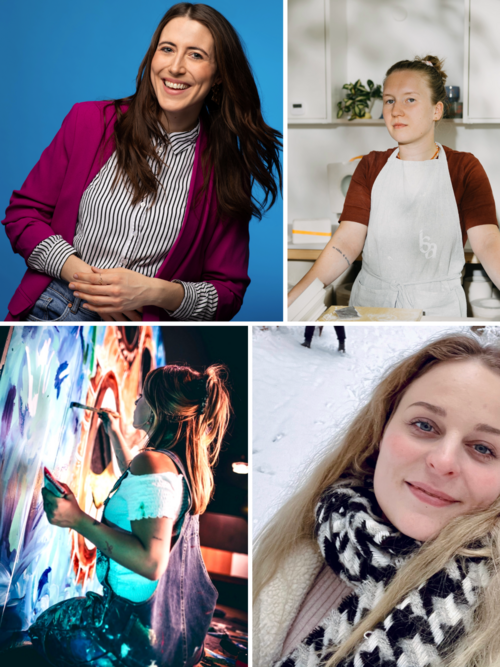 Die Referentinnen der Veranstaltung: Nina Palme, Isa Schreiber, Lisa Pufahl, Pauline Voß (v.l.n.r.). Fotos: Christoph Gorke, Dominique Wollniok, pipp.o.graphy, privat; Collage: Luise Ziegler, Newsteam