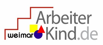 The logo features the words »Arbeiterkind.de Weimar« in shades of black and grey as well as a yellow square, a red triangle and a blue circle. A red line forms a set of stairs with three steps that ascends from left to right, rising over the words and symbols.
