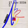 Veranstaltungsplakat der Bauhaus Bühne mit abstrakter blau-gelb-roter Liniengrafik sowie Datumsangabe »27. Juni 2026« und Logos der Bauhaus-Universität Weimar, der Sendehalle Weimar und des Studierendenwerks Thüringen.