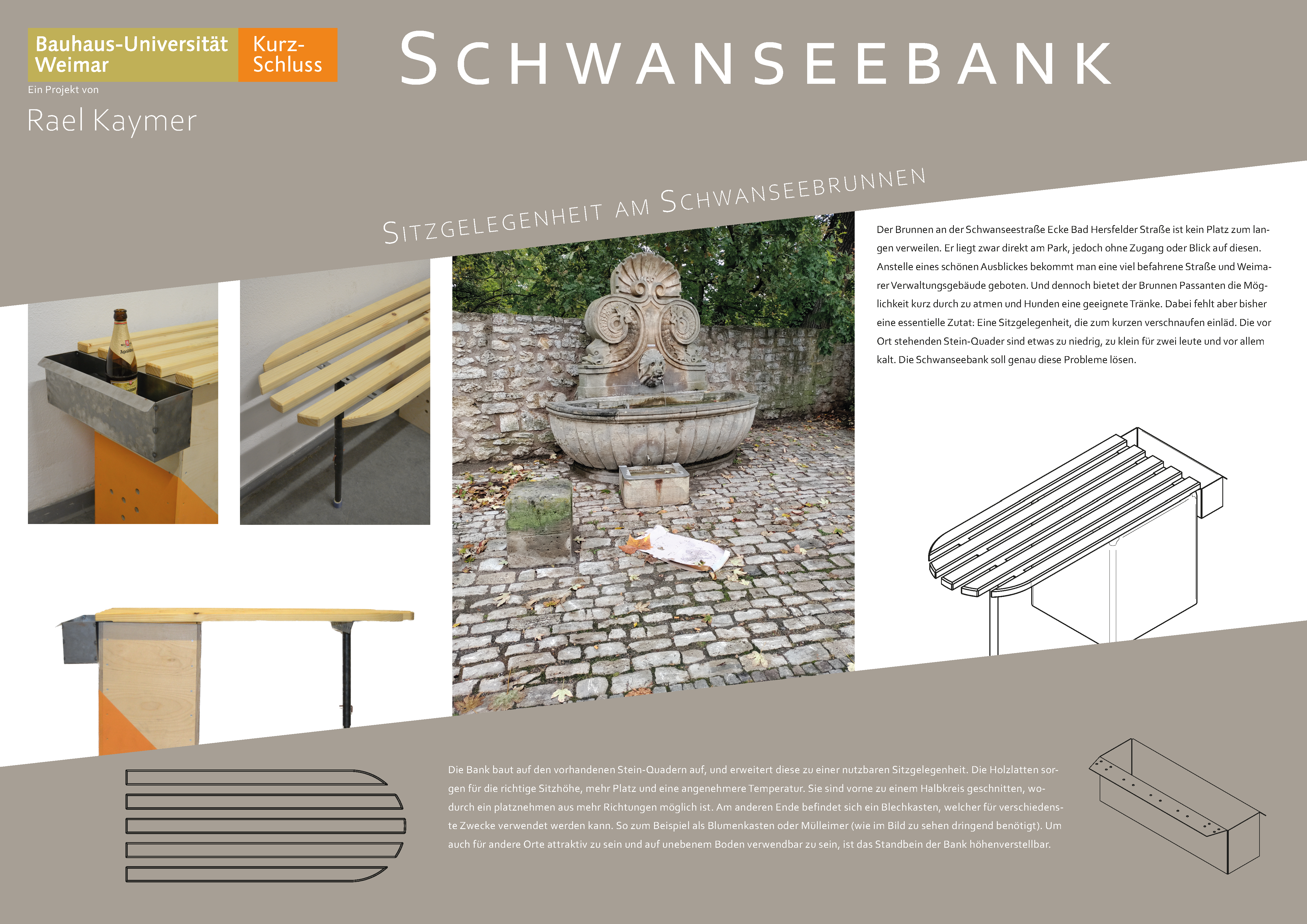Plakat mit Grafiken/Illustrationen und Beschreibungstext für eine Sitzgelegenheit an einem spezifischen Ort in Weimar